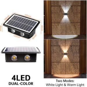 Lámpara solar impermeable recargable para exteriores instalada en una pared de jardín moderno Vista nocturna de lámpara solar LED iluminando una fachada con luz cálida Detalle del panel solar de la lámpara impermeable recargable montada al aire libre Lámpara solar de pared proyectando luz hacia arriba y hacia abajo sobre muro exterior Lámpara LED solar decorativa resistente a la lluvia instalada en la entrada de una casa Empaque del producto lámpara solar impermeable recargable con accesorios incluidos Instalación fácil de lámpara solar de pared sin cables en muro de concreto Comparación de luz blanca cálida y blanca fría de lámpara solar en exteriores