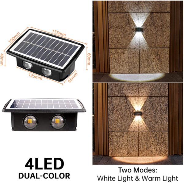 Lámpara solar impermeable recargable para exteriores instalada en una pared de jardín moderno Vista nocturna de lámpara solar LED iluminando una fachada con luz cálida Detalle del panel solar de la lámpara impermeable recargable montada al aire libre Lámpara solar de pared proyectando luz hacia arriba y hacia abajo sobre muro exterior Lámpara LED solar decorativa resistente a la lluvia instalada en la entrada de una casa Empaque del producto lámpara solar impermeable recargable con accesorios incluidos Instalación fácil de lámpara solar de pared sin cables en muro de concreto Comparación de luz blanca cálida y blanca fría de lámpara solar en exteriores
