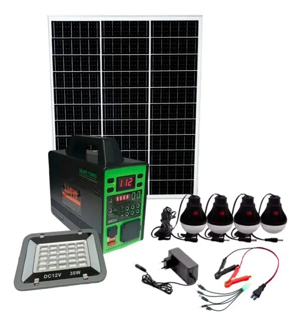 Generador Solar Batería Portátil de 350W con panel Solar de 75W Lleva la energía contigo a donde vayas con el generador solar portátil de 350W con panel solar de 75W, la solución ideal para aventureros y amantes de la vida al aire libre. Esta potente estación de energía te permite cargar desde ventiladores y laptops hasta pequeños electrodomésticos e incluso tu vehículo, sin depender de enchufes ni combustible. Su panel solar incluido garantiza una fuente de energía limpia y constante, estés en la montaña, en la playa o de campamento.