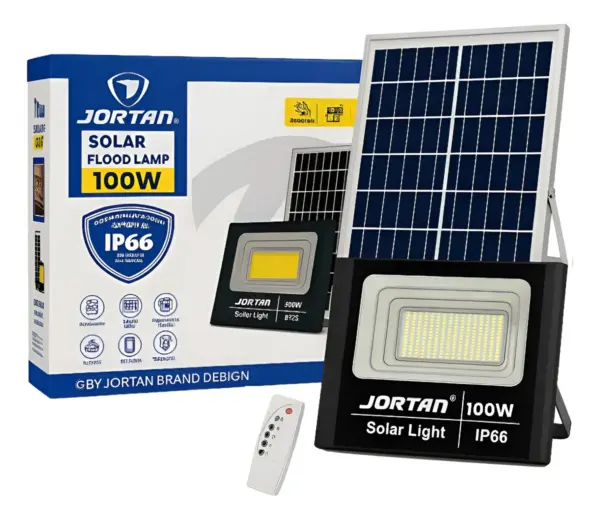 Reflector Solar Jortan 100W LED Exterior IP66 con Panel y Control Remoto