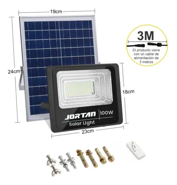 Reflector Solar 100W Jortan LED Exterior IP66 con Panel y Control Remoto