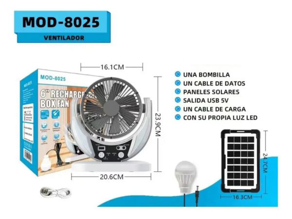 Ventilador Recargable Solar Compacto para Apagones y Camping