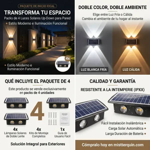 Luces solares de Pared, paquete de 4 luces solares LED