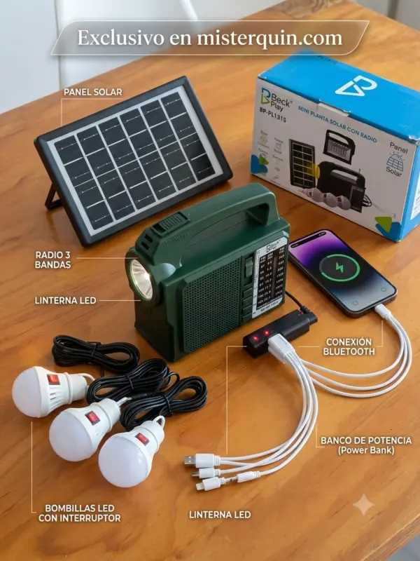 Mini Planta Solar Portátil Beck Play BP-PL131S -2 Mini Planta Solar Portátil Beck Play BP-PL131S con Panel Solar, 3 Bombillos LED, Radio FM/AM/SW, Bluetooth y Power Bank USB