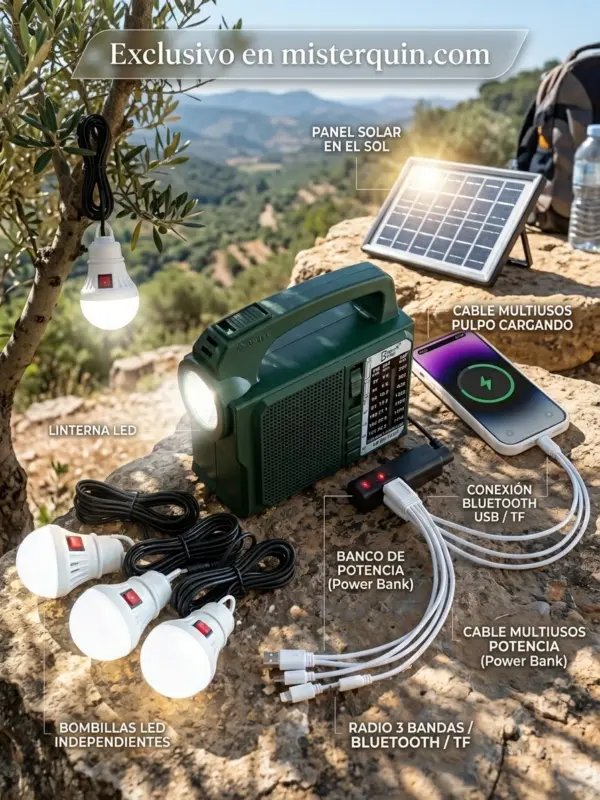Mini Planta Solar Portátil Beck Play BP-PL131S Mini Planta Solar Portátil Beck Play BP-PL131S con Panel Solar, 3 Bombillos LED, Radio FM/AM/SW, Bluetooth y Power Bank USB