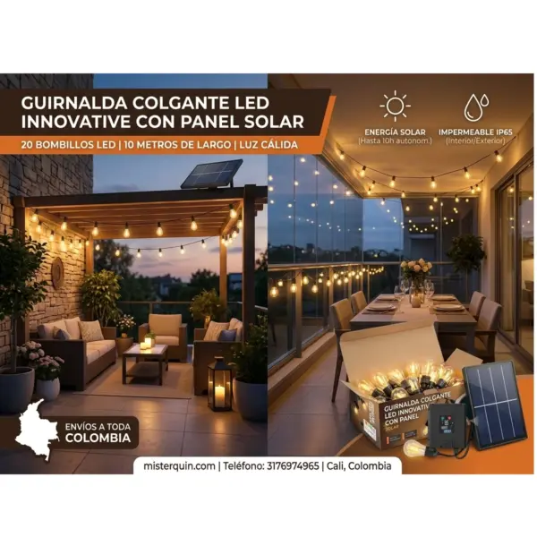 GuirnaldaSolarLED10Metros20Bombillos-6 Guirnalda Solar LED 10 Metros con 20 Bombillos Luz Cálida IP65 para Exterior e Interior
